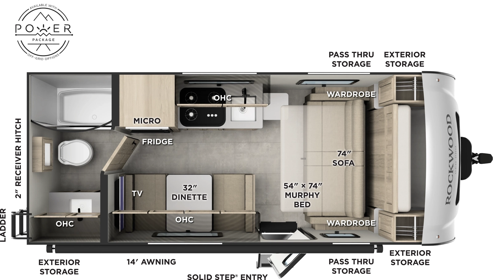 The Rockwood Geo Pro G19FD floorplan has one entry and zero slide outs. Exterior features include: fiberglass exterior and 14' awning. Interiors features include: murphy bed and rear bathroom.